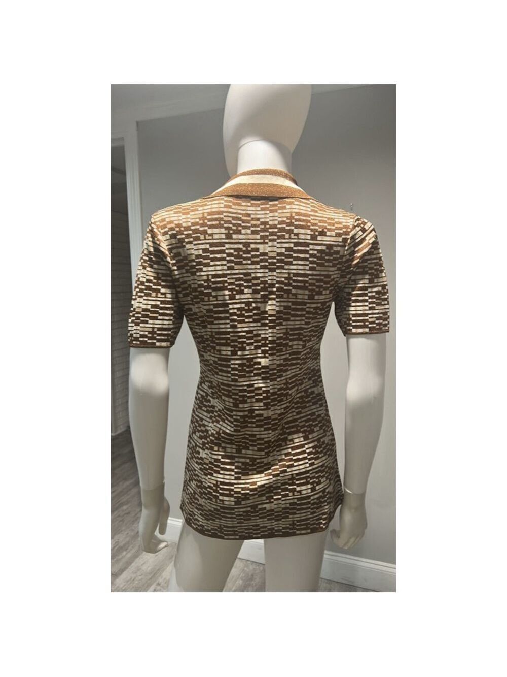 ALEMAIS Brown & White Stefanie Knit Button Down Shirt, Size 6 - Picture 7 of 14